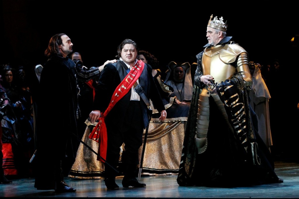 José Carbó (Rodrigo, Count of Posa), Diego Torre (Don Carlos) and Giacomo Prestia (Philip II) in Opera Australia's Don Carlos. Picture by Jeff Busby.