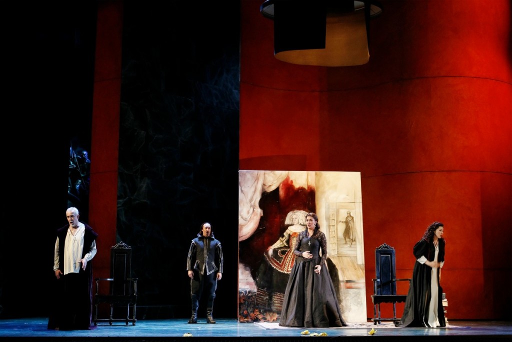 Giacomo Prestia (Philip II), José Carbó (Rodrigo, Count of Posa), Milijana Nikolic (Princess Eboli) and Victoria Yastrebova (Elisabeth de Valois) in Opera Australia's Don Carlos. Picture Jeff Busby.