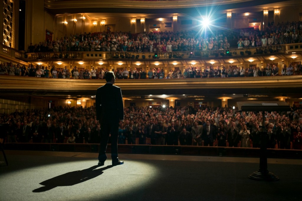 Michael Fassbender as Steve Jobs at one of the product launches.