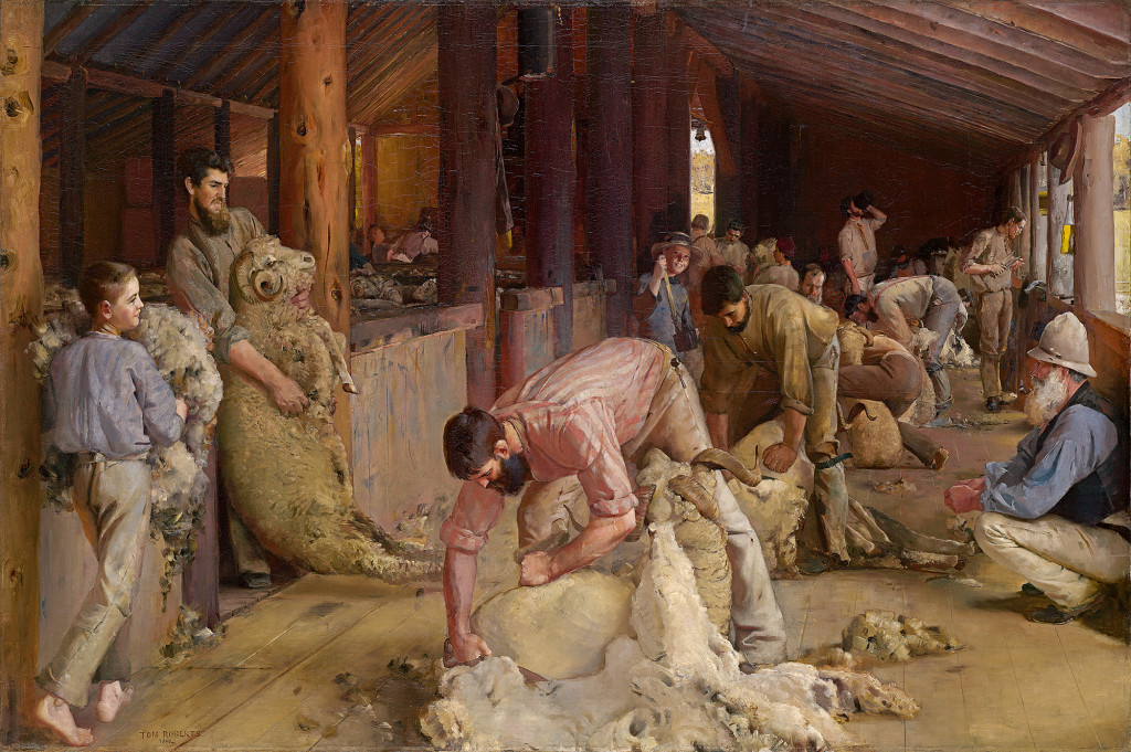 Shearing the rams 1888–90 oil on canvas mounted on board 121.9 x 182.6 cm National Gallery of Victoria, Melbourne Felton Bequest Fund, 1932