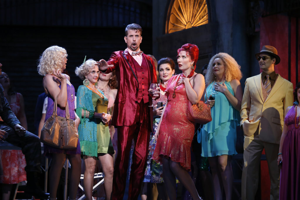 Sian Pendry as Mercédès, Shane Lowrencev as Escamillo, Jane Ede as Frasquita and the Opera Australia Chorus in Opera Australia’s 2017 production of Carmen. 