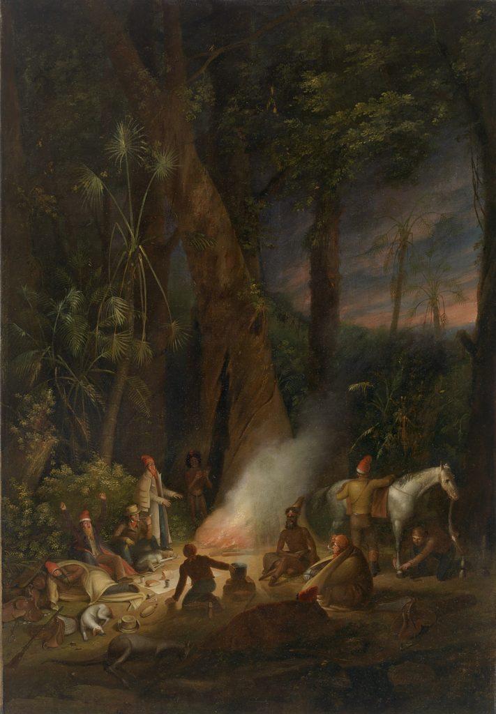 Augustus Earle A bivouac of travellers in Australia in a cabbagetree forest, day break c. 1838 oil on canvas 118.0 x 82.0 cm Rex Nan Kivell Collection: National Library of Australia and National Gallery of Australia, Canberra (NGA TEMP.320)
