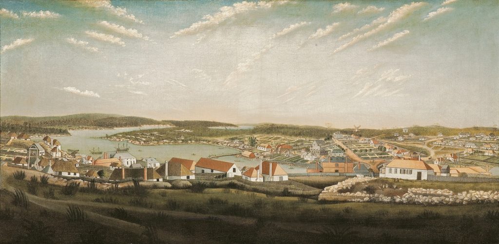 Unknown Thomas Watling (after) View of the town of Sydney in the colony of New South Wales c. 1799 oil on canvas 65.0 x 133.0 cm Art Gallery of South Australia, Adelaide Gift of M.J.M. Carter AO through the Art Gallery of South Australia Foundation in recognition of the abilities of James Bennett to promote public awareness and appreciation of Asian art and culture 2015. Donated through the Australian Government's Cultural Gifts Program