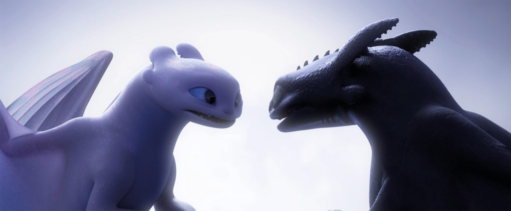 The female Light Fury dragon and Night Fury dragon Toothless in DreamWorks 