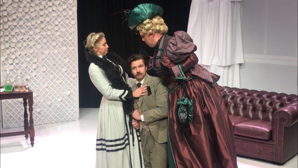 From left Olivia Solomons (Gwendolen Fairfax),Ross Dwyer (John ‘Jack’ Worthing) and Ryan A Murphy (Lady Bracknell) in Artefact Theatre Co. The importance of Being Earnest.