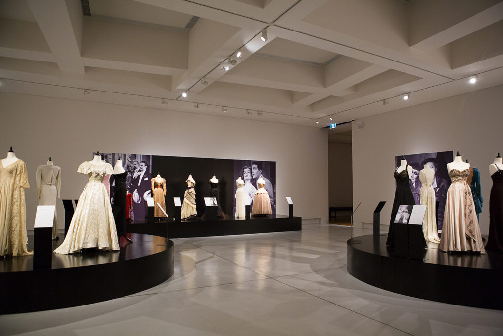 Costumes on display as part of The Costume Designer: Edith Head and Hollywood showing at Bendigo Art Gallery.